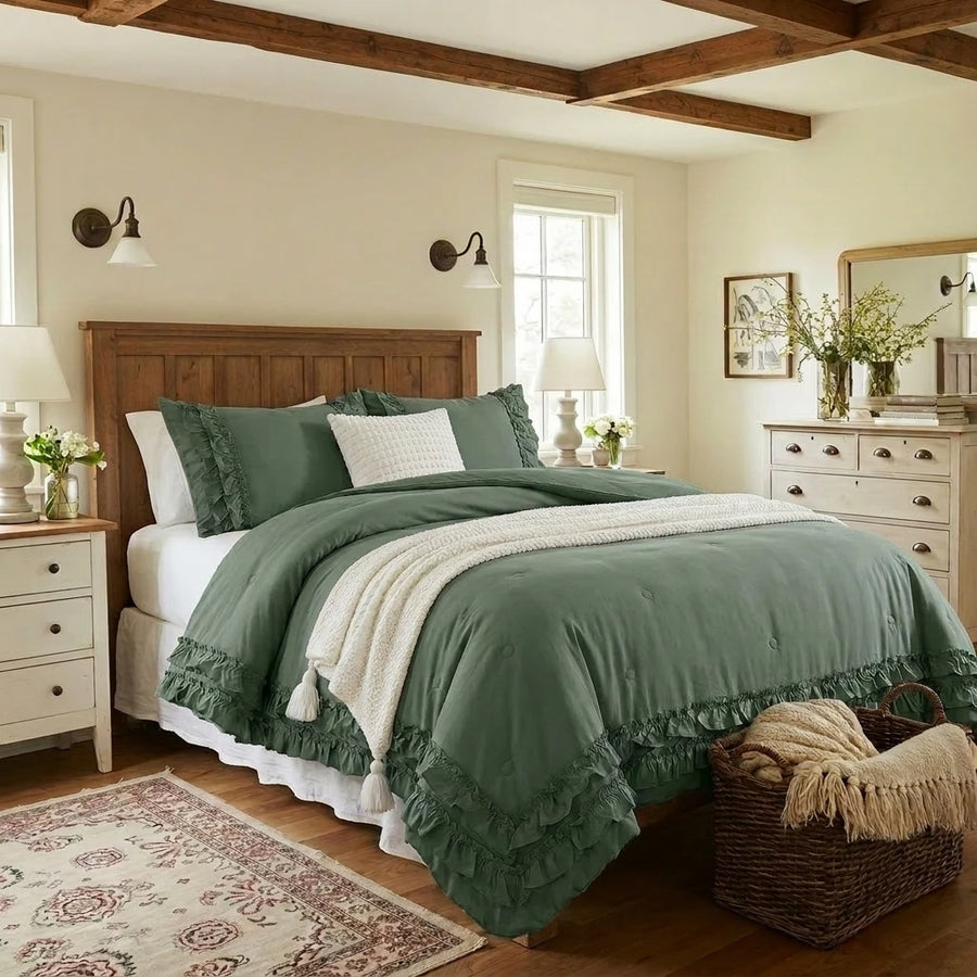 dark forest green ruffled quilt set vintage bedroom decor