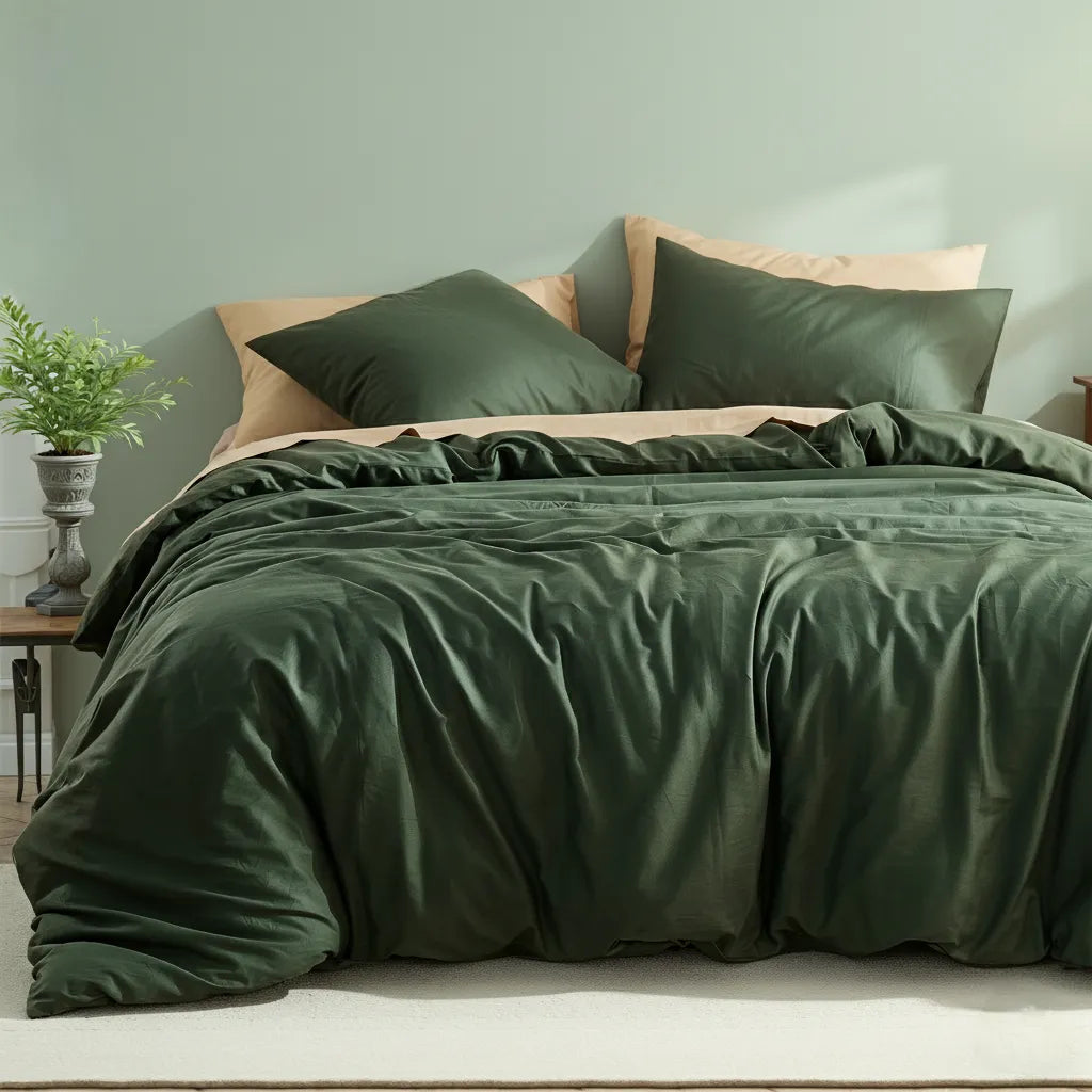 Overhead view of dark green cotton duvet with light beige pillow contrast, beside wooden table with plant.