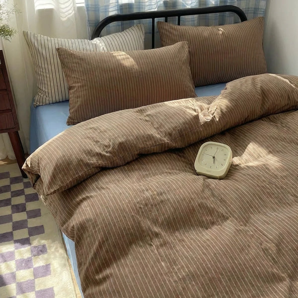 dark wood tone striped duvet cover modern farmhouse bedroom decor