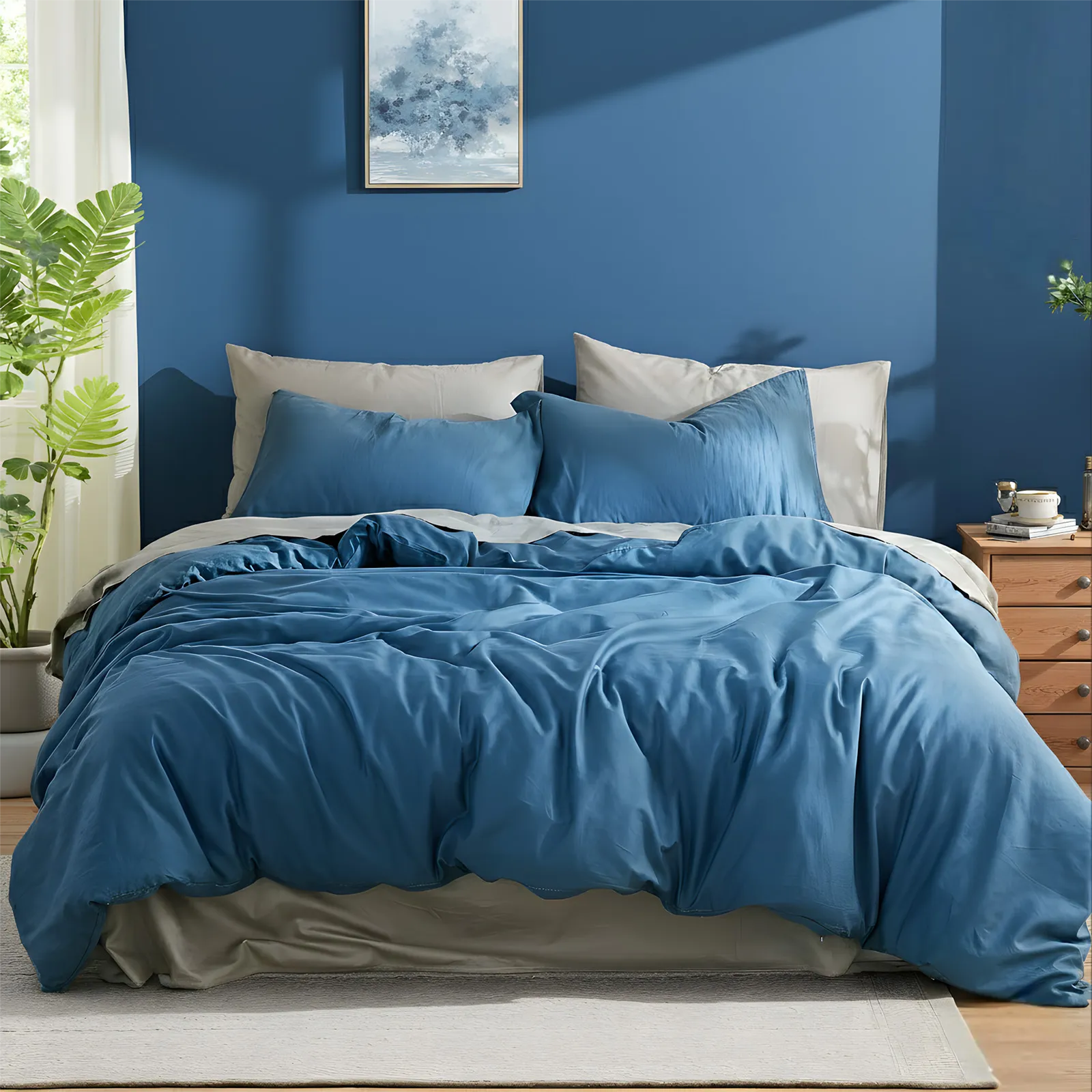 Solid blue duvet cover front view on bed with matching pillows