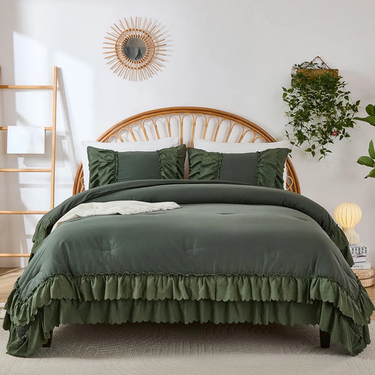 Deep green double ruffle comforter front view with four pillows