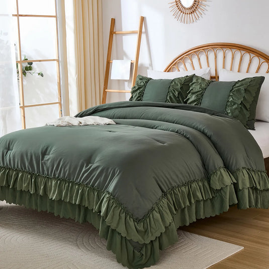 Top overview of deep green double ruffle comforter layout