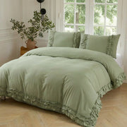 detailed multi layer ruffled hem green duvet case natural fabric