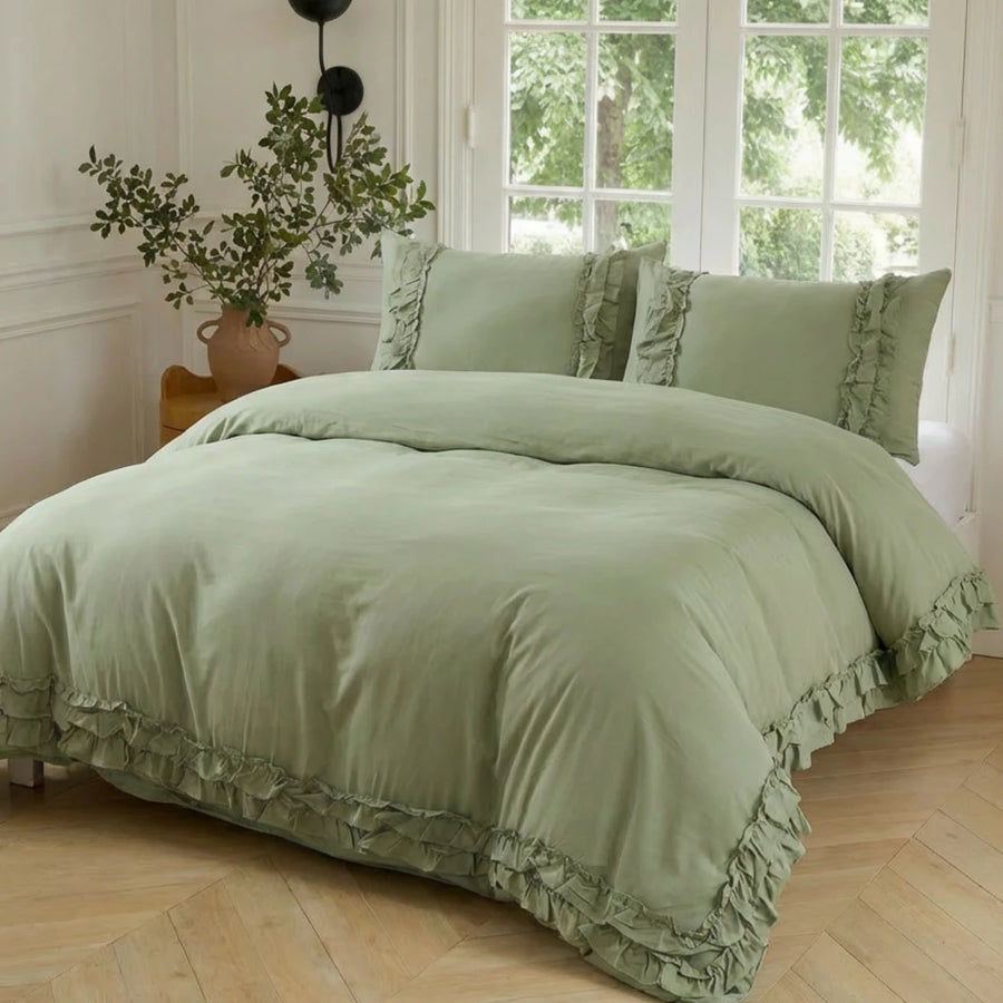 detailed multi layer ruffled hem green duvet case natural fabric