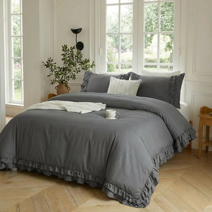 detailed ruffle hem design natural green cotton bed linen texture