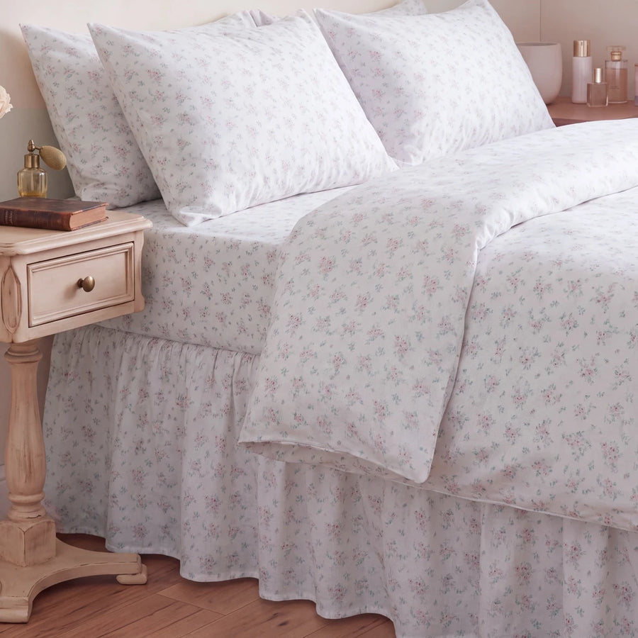 dreamy pastel bed skirt white pastel floral vintage nightstand