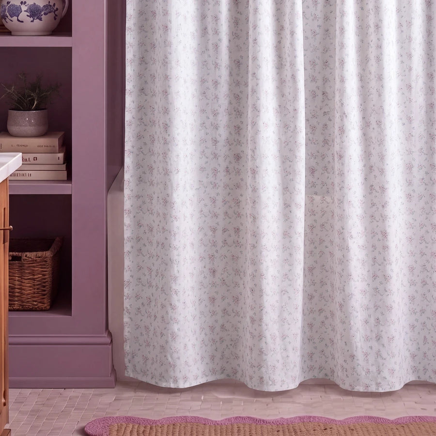 dreamy pastel shower curtain white mauve niche scalloped rug
