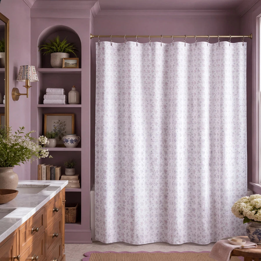 dreamy pastel shower curtain white purple mauve bathroom decor