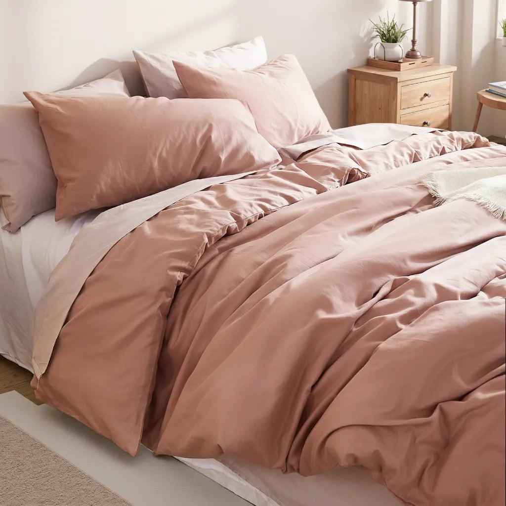 Angled overhead view of a dusty pink cotton duvet set with white sheets, beside a nightstand with books and metal decor.