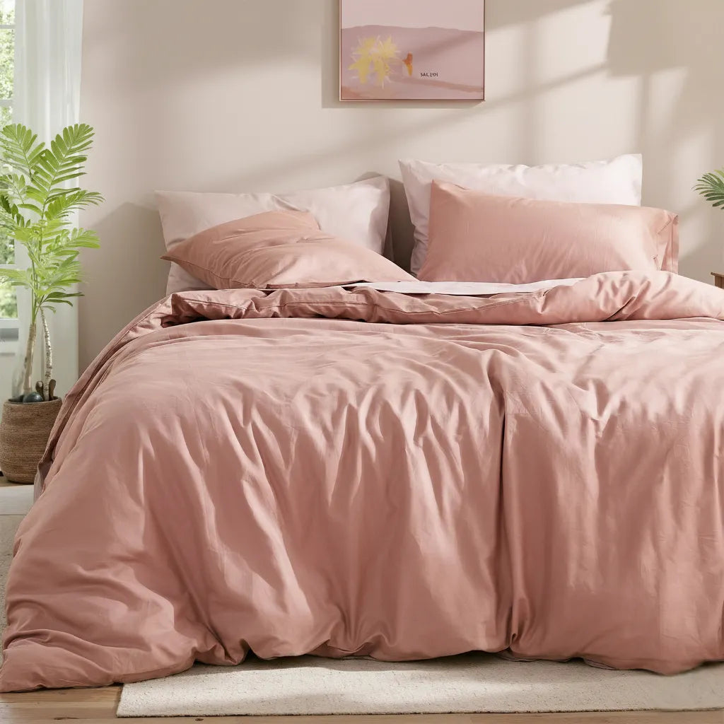 Dusty pink cotton duvet with four pillows on a bed next to a green plant.