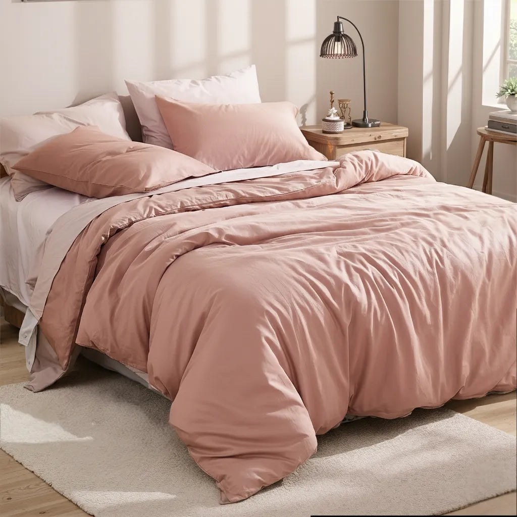 Dusty pink cotton duvet set between symmetric nightstands with a black vintage lamp, books and decor in soft window light.