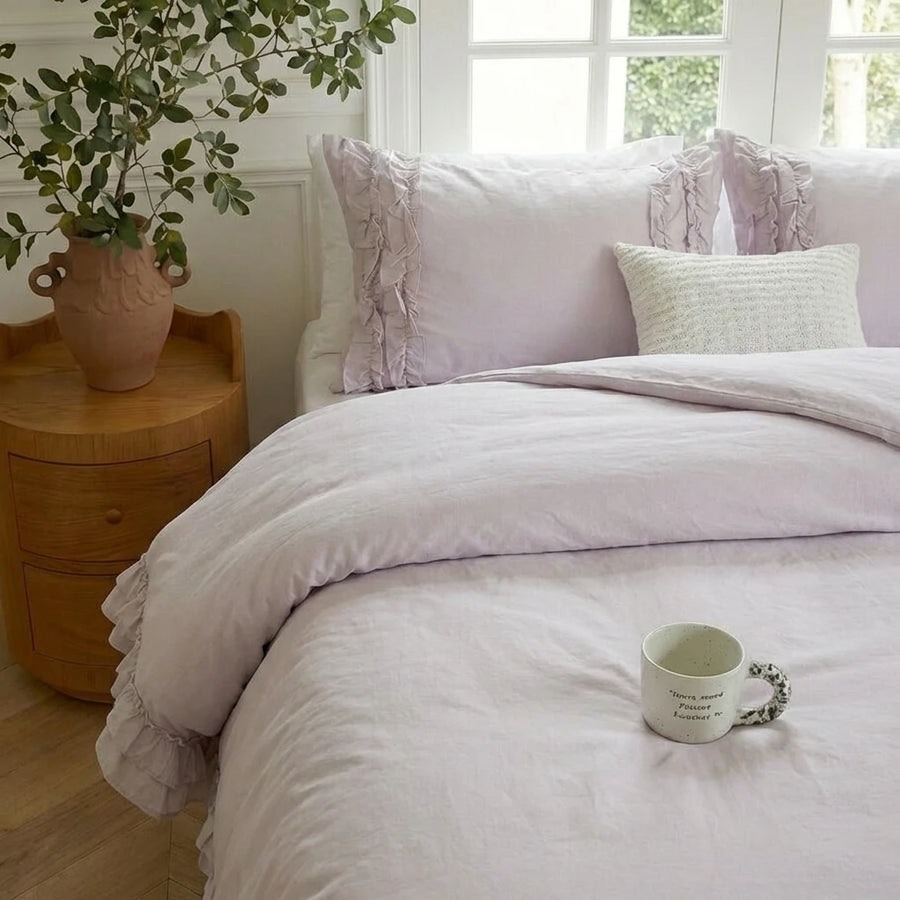 elegant cream white comforter cover with frilled pillow shams