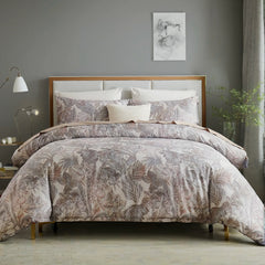Elegant Leaf Cotton Duvet Cover Set front view on bed