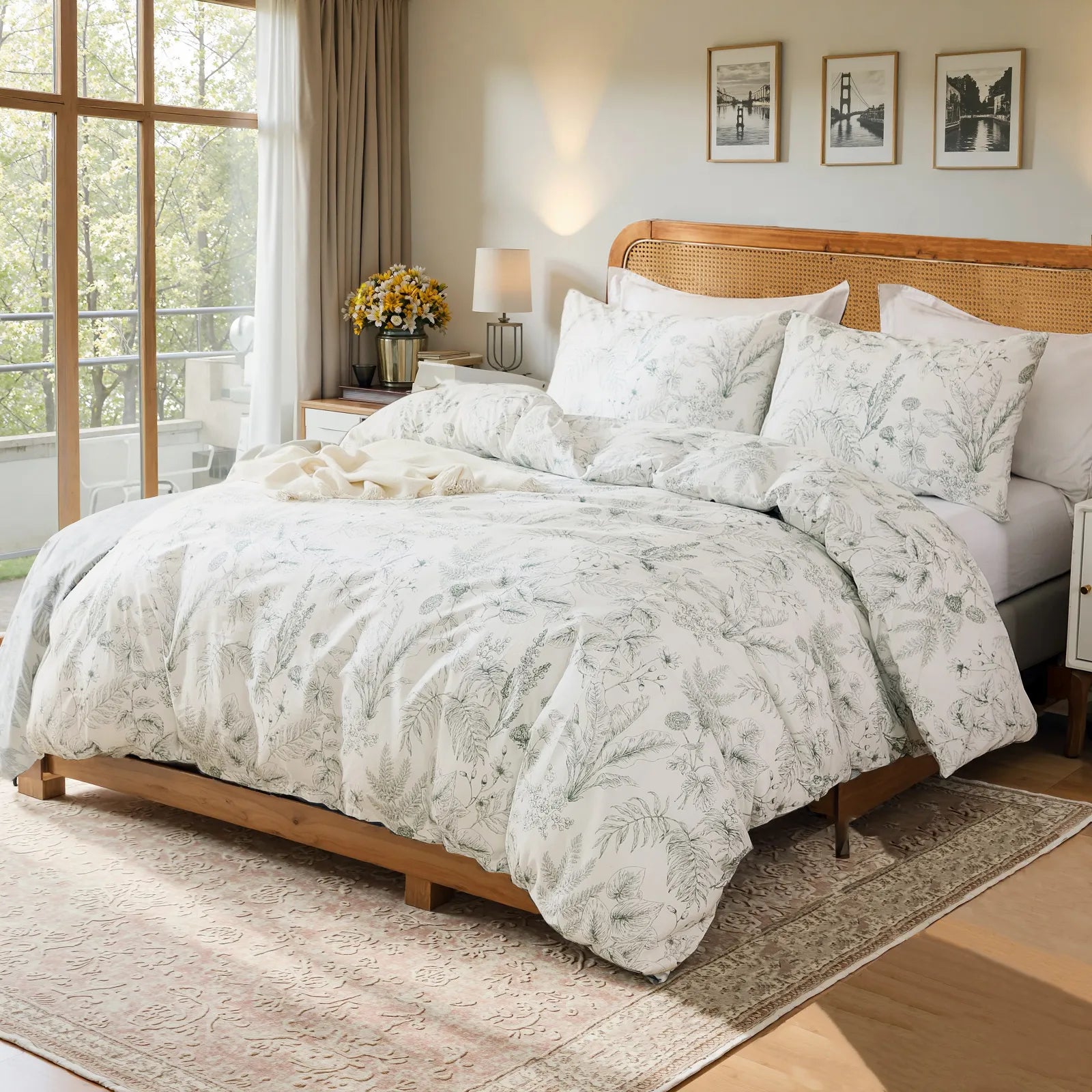 Full shot of the elegant sketch floral duvet cover set on a bed.