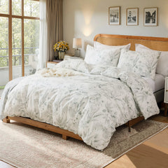 Full shot of the elegant sketch floral duvet cover set on a bed.