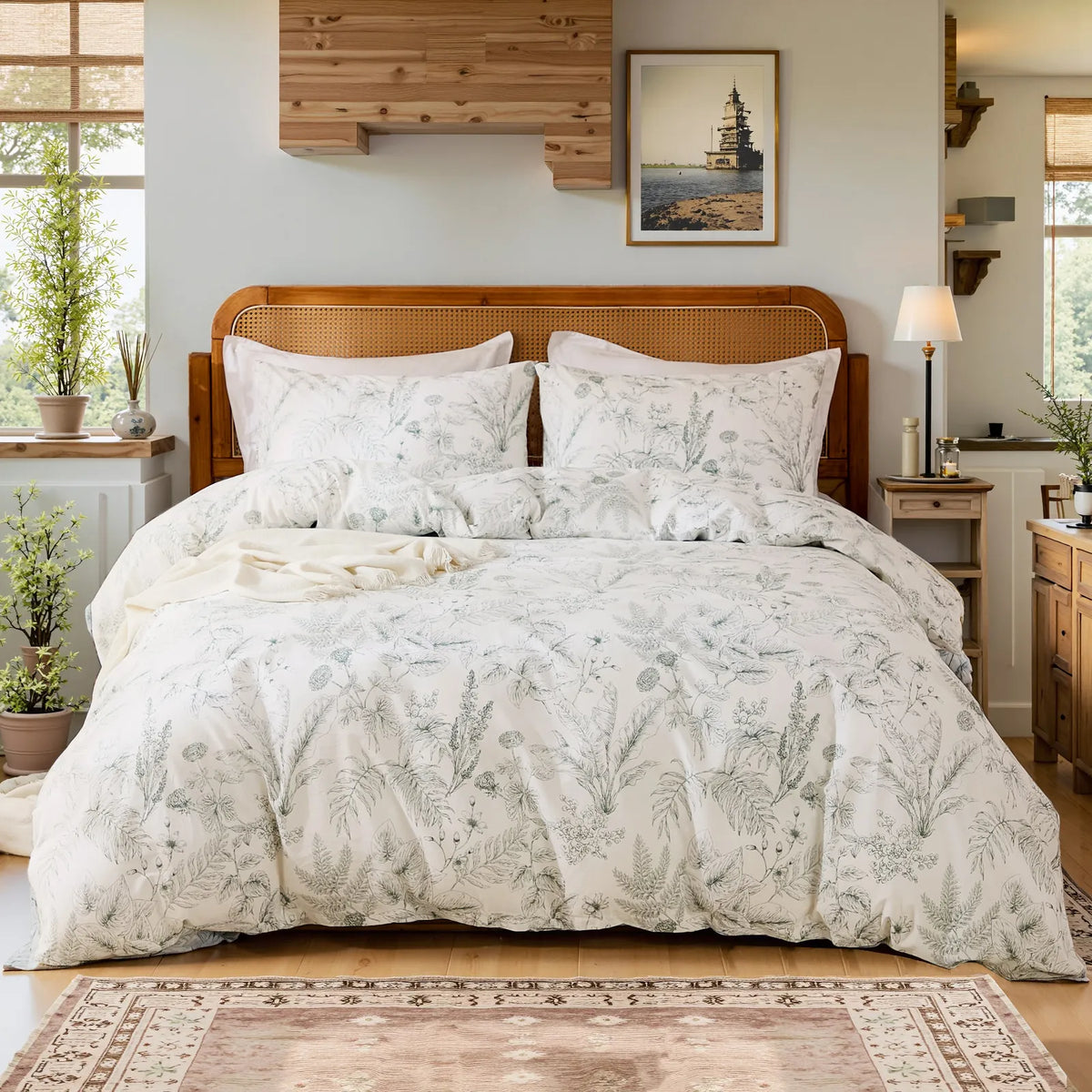 elegant sketch floral duvet cover set on a bed.