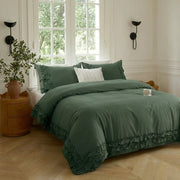 elegant vintage green comforter cover ruffle trim cottagecore