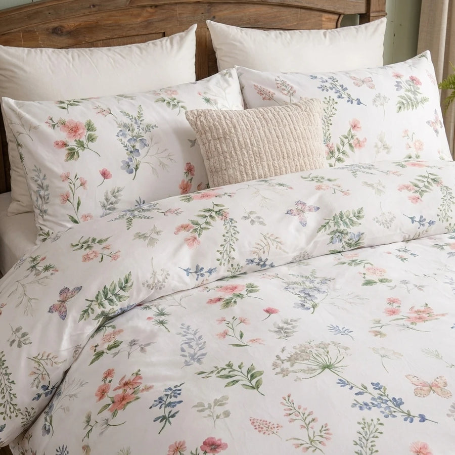whimsical botanical flower and butterfly print cotton pillowcases detail