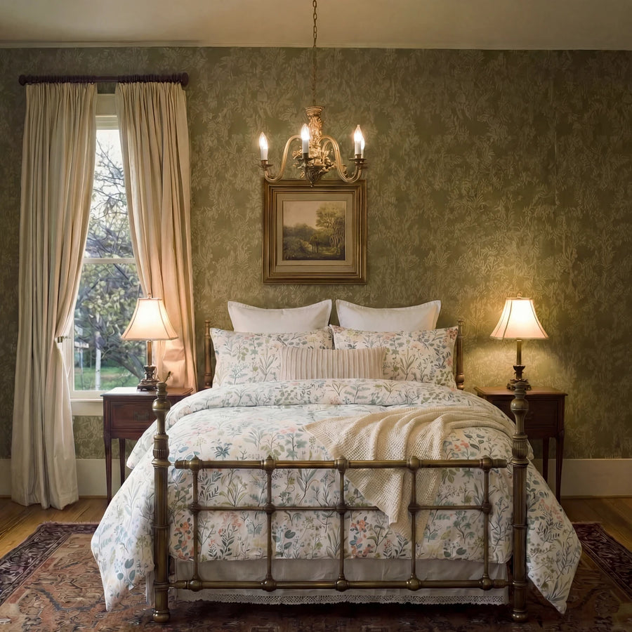 full bedroom scene of heirloom wildflower symphony duvet set featuring ornate chandelier and brass bed