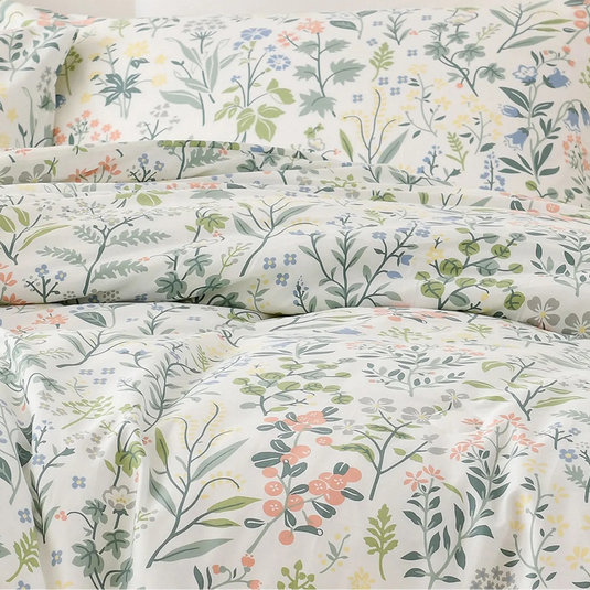 close-up macro shot of bluebell and peach berry botanical print on white cotton fabric