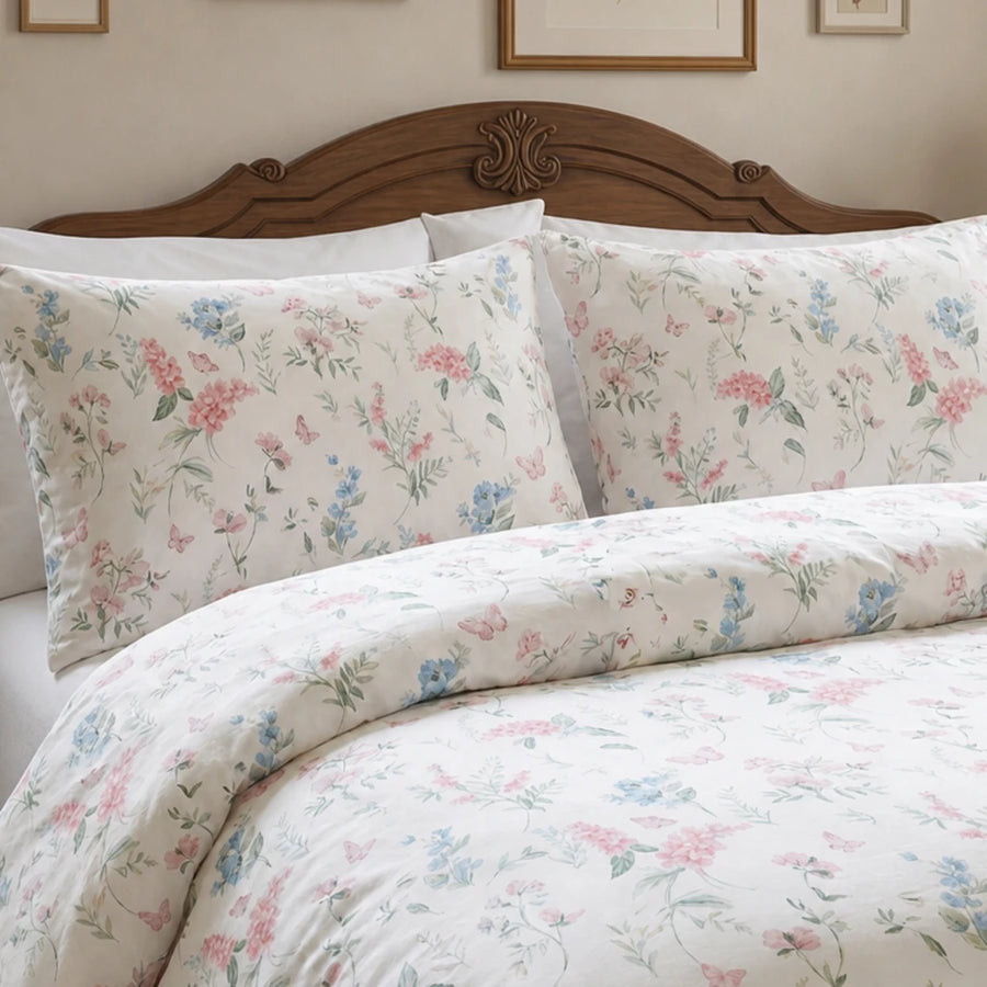 ethereal wildflower sprig duvet cover set pink blue butterfly bedding