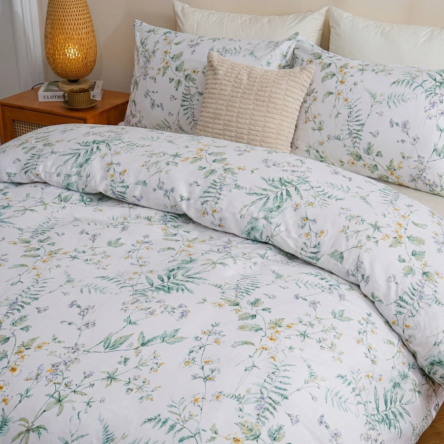 cottagecore aesthetic evergreen botanical floral cotton bedding set in cozy spring bedroom