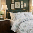 evergreen botanical garden duvet set in vintage french country bedroom with dark green accent wall