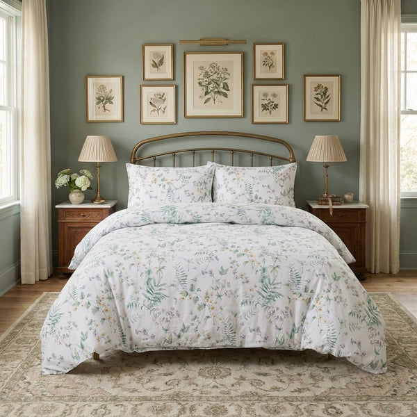 evergreen botanical garden duvet cover set styled on bed with sage green wall and brass headboard