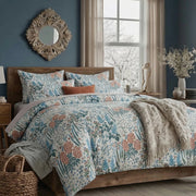 cozy scandinavian style floral bedspread set featuring a blue botanical fern pattern