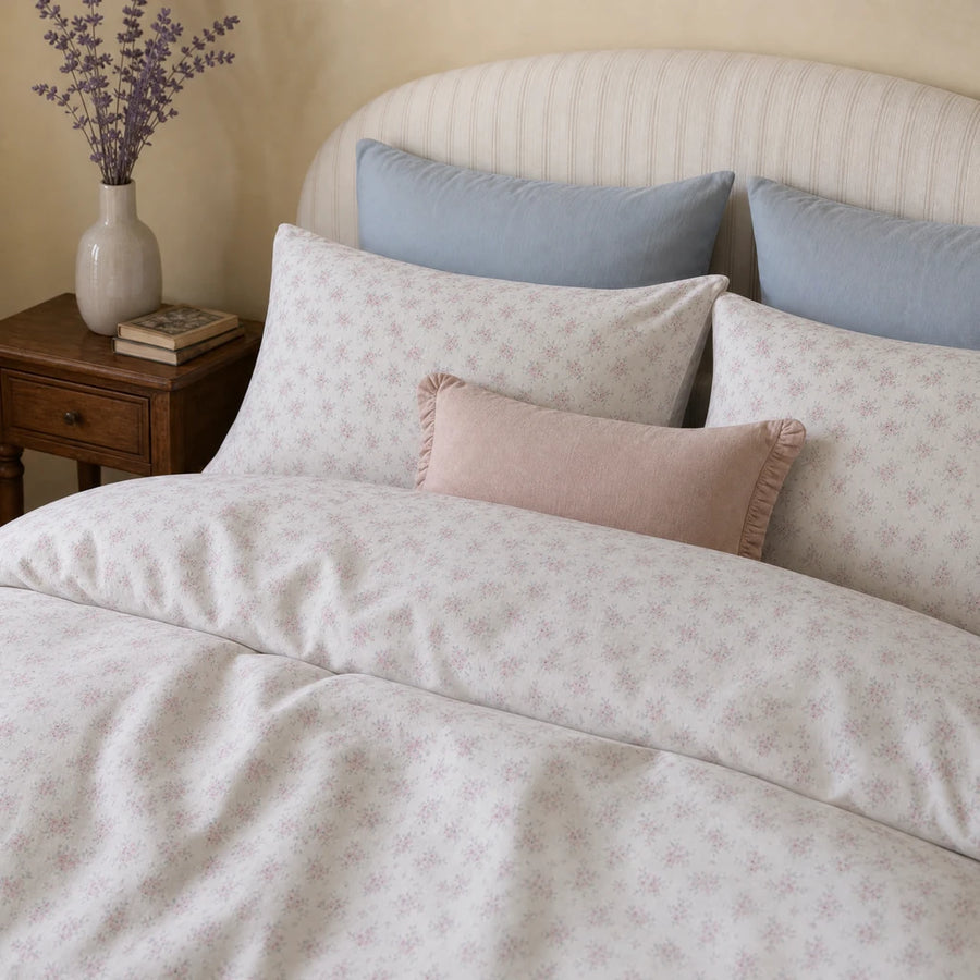 faded rose trellis duvet cover set lavender nightstand detail scene