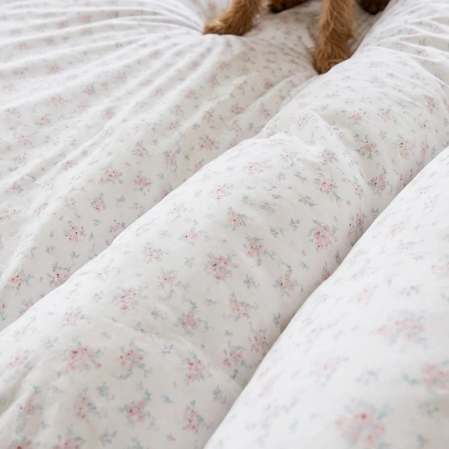 faded rose trellis duvet cover set pillow texture with dog closeup