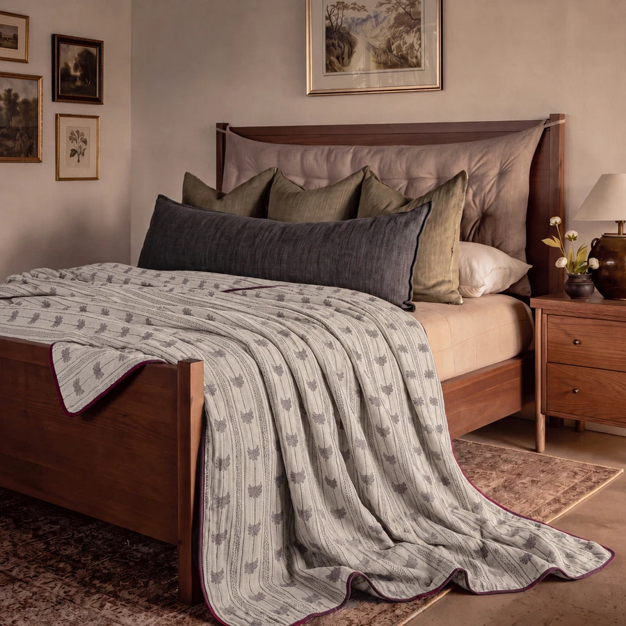 fernwood muslin blanket dusty palm plum border wooden bed vintage bedroom