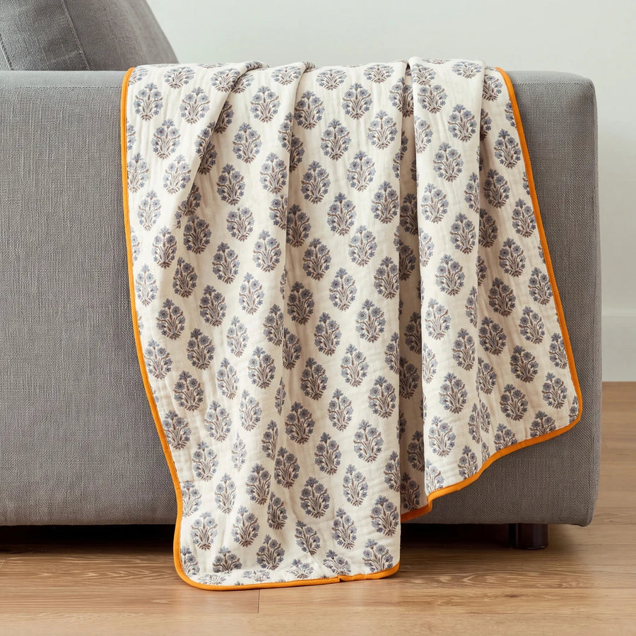 fernwood muslin blanket indigo sprig mustard edge grey sofa drape