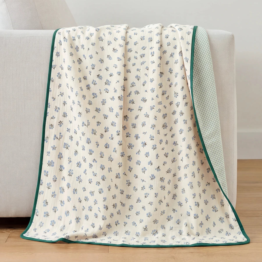 fernwood muslin blanket mauve medallion green grid back off white sofa