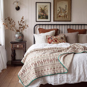 fernwood muslin blanket powder blossom teal border black iron bed cozy bedroom