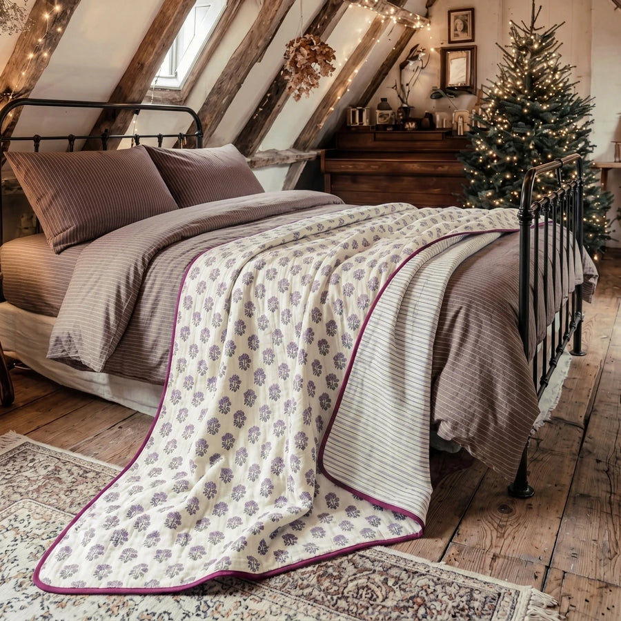 fernwood muslin blanket wildflower purple plum border brown striped bedding attic bedroom