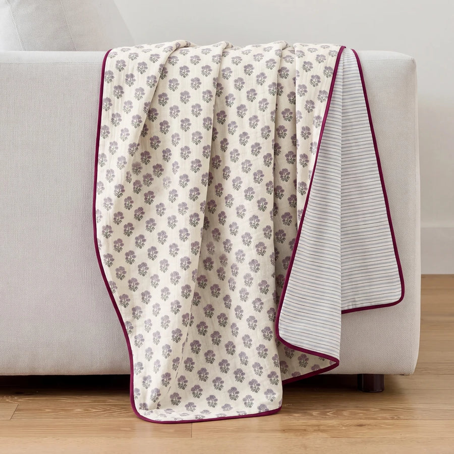 fernwood muslin blanket wildflower purple plum edge striped back light grey sofa