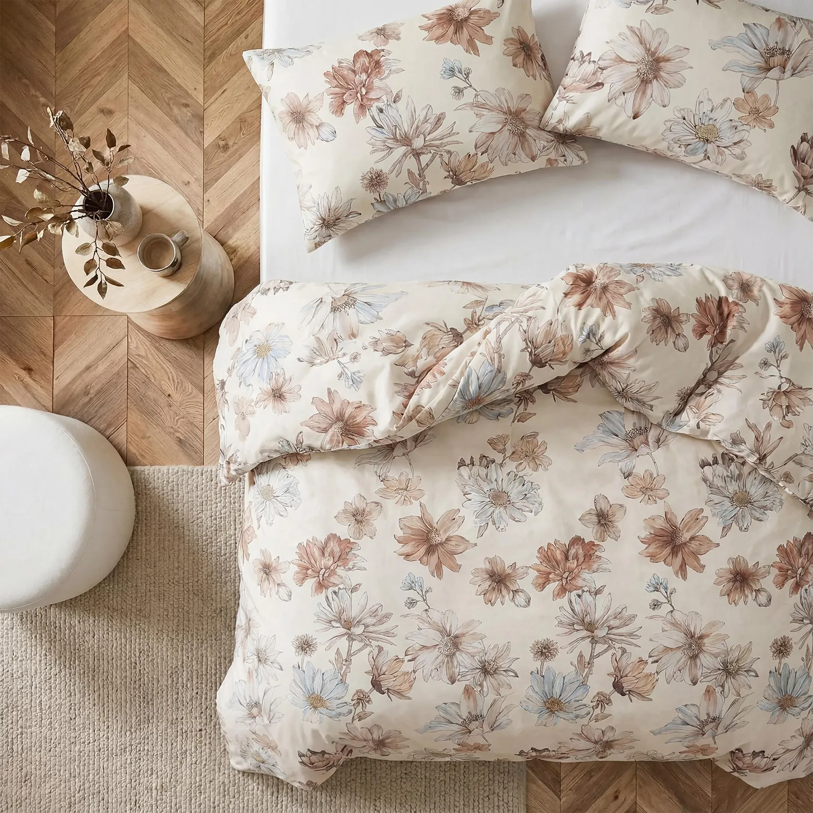 Top down view showing the floral fabric detail of the bedding set
