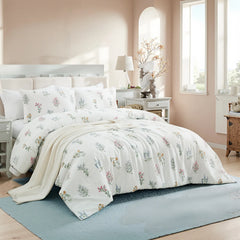 An angled shot of the floral duvet cover set, showing the full design
