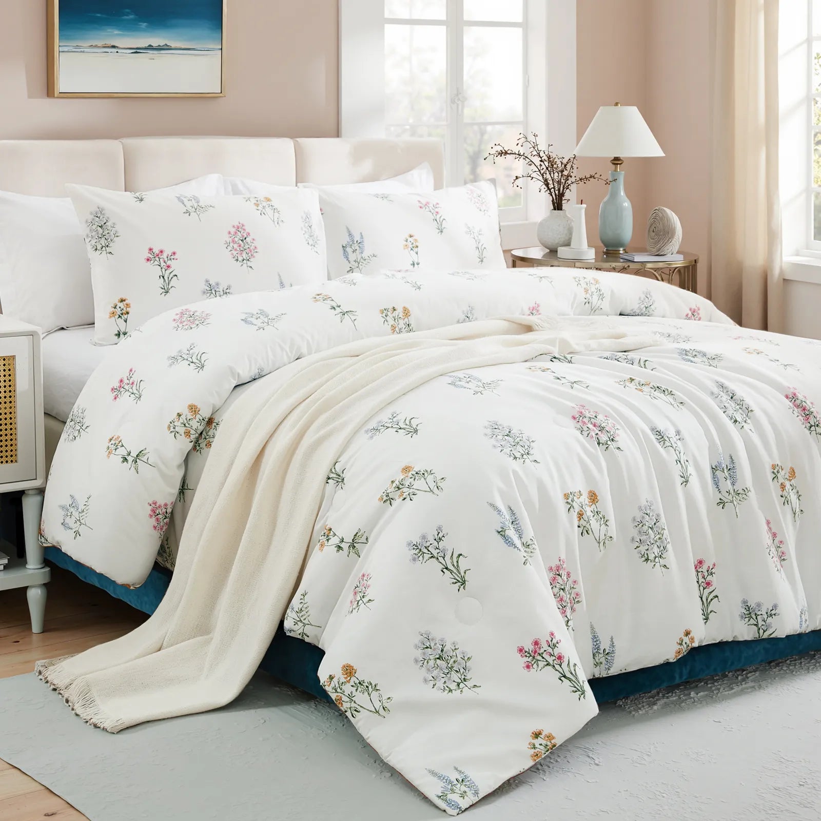 Close-up of the delicate floral pattern on the cotton duvet cover