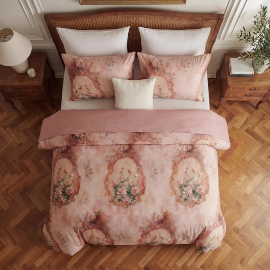 Top down view of pink floral duvet cover set