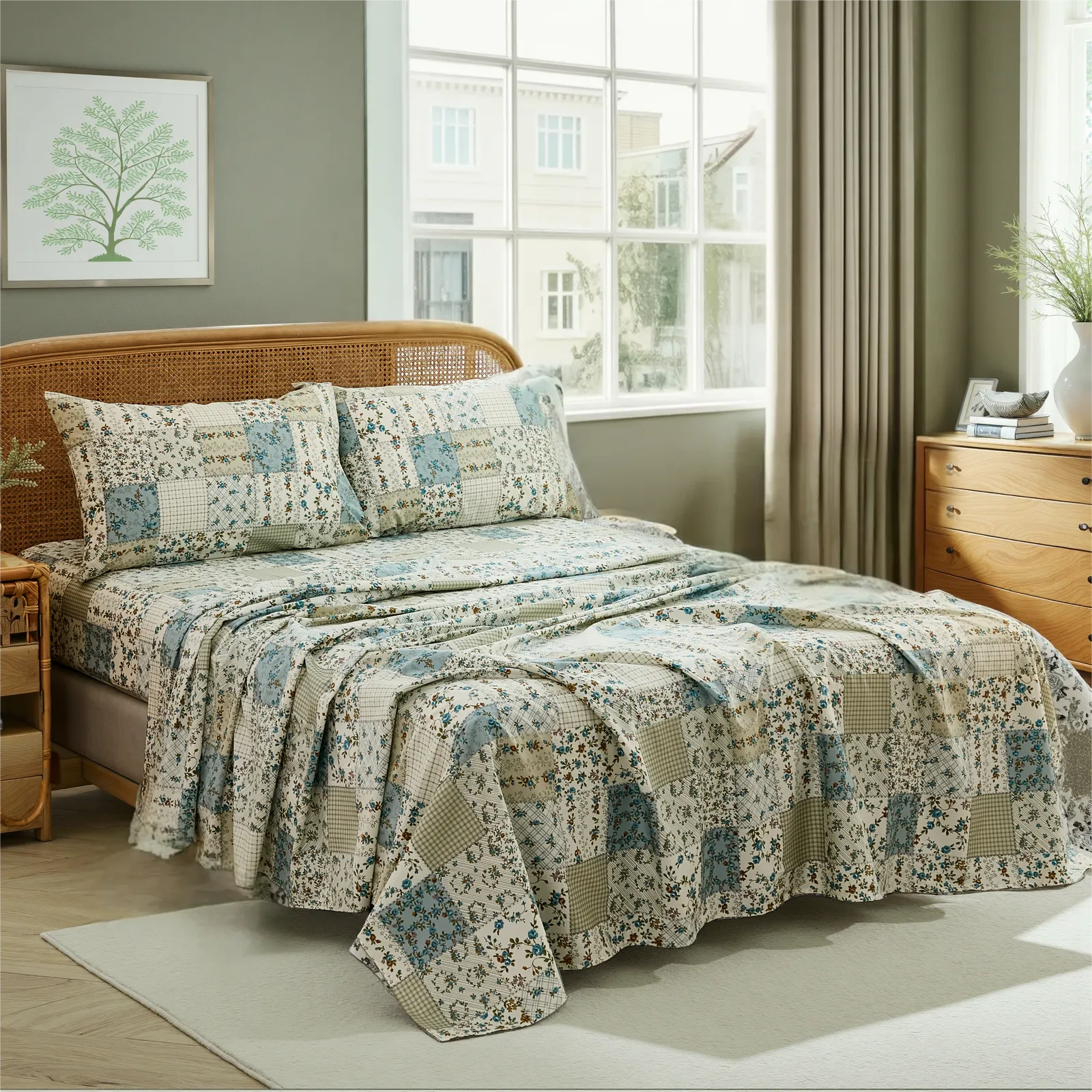 Blue and green floral patchwork cotton sheet set draped on bed in cozy country room	