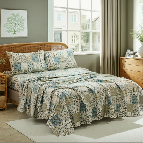 Blue and green floral patchwork cotton sheet set draped on bed in cozy country room	