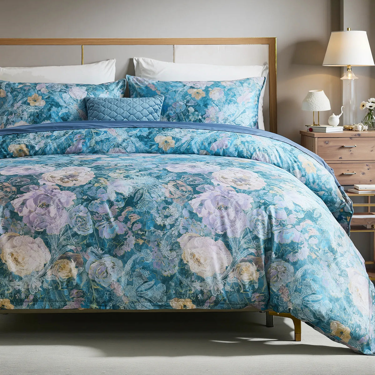 Detailed closeup of exquisite blue floral pattern on cotton fabric