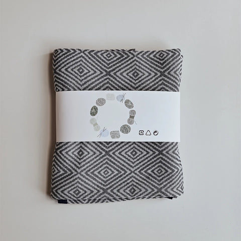 Folded charcoal-grey diamond throw blanket with retail band packaging, showing the pattern clarity.