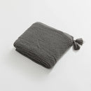Folded Charcoal Knitted Throw Blanket Showing Tassel on White Background