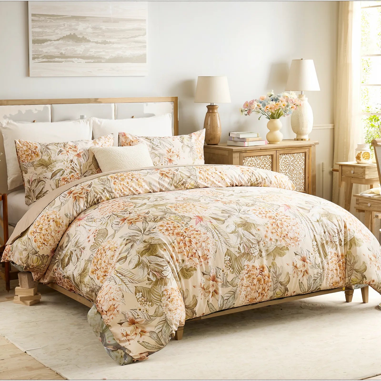 Neatly folded hydrangea duvet cover set and pillowcases
