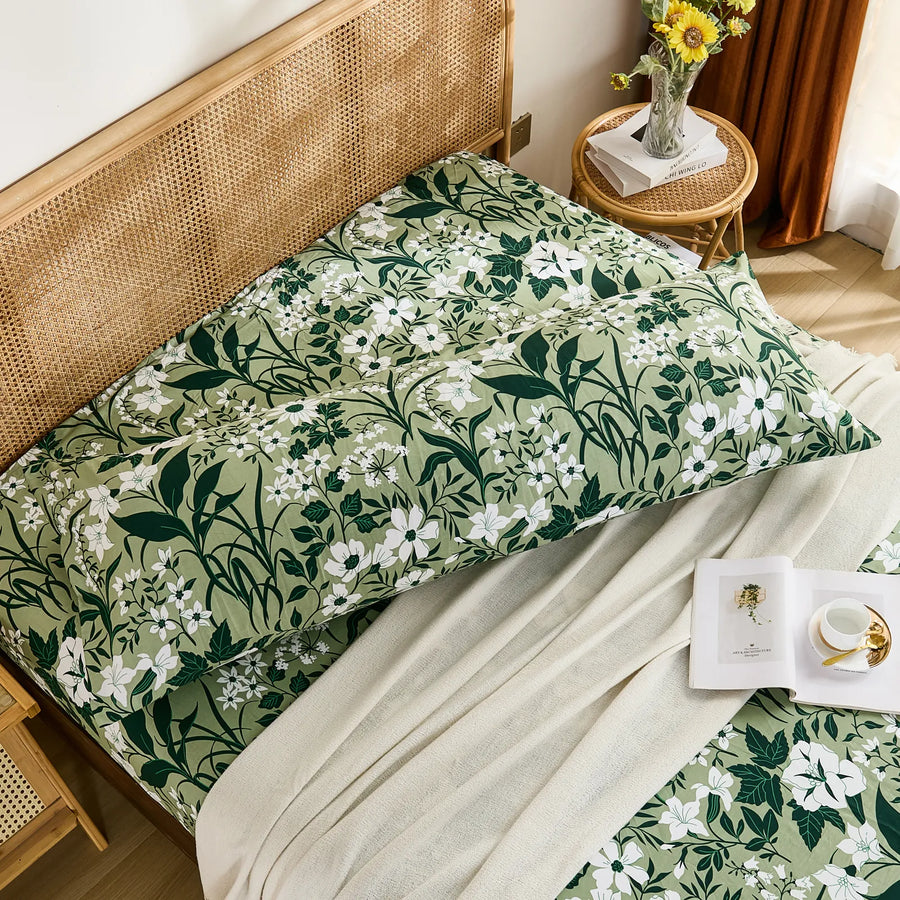 forest bloom botanical body pillowcase set on bed display