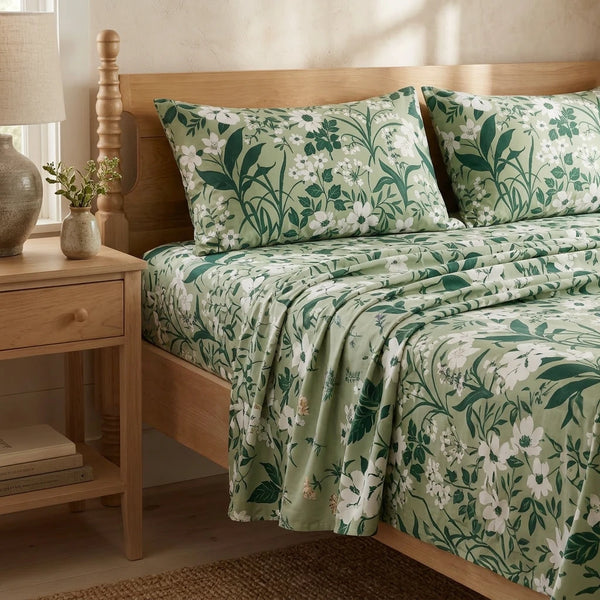 forest bloom botanical sheet set wildflower sage green bedding