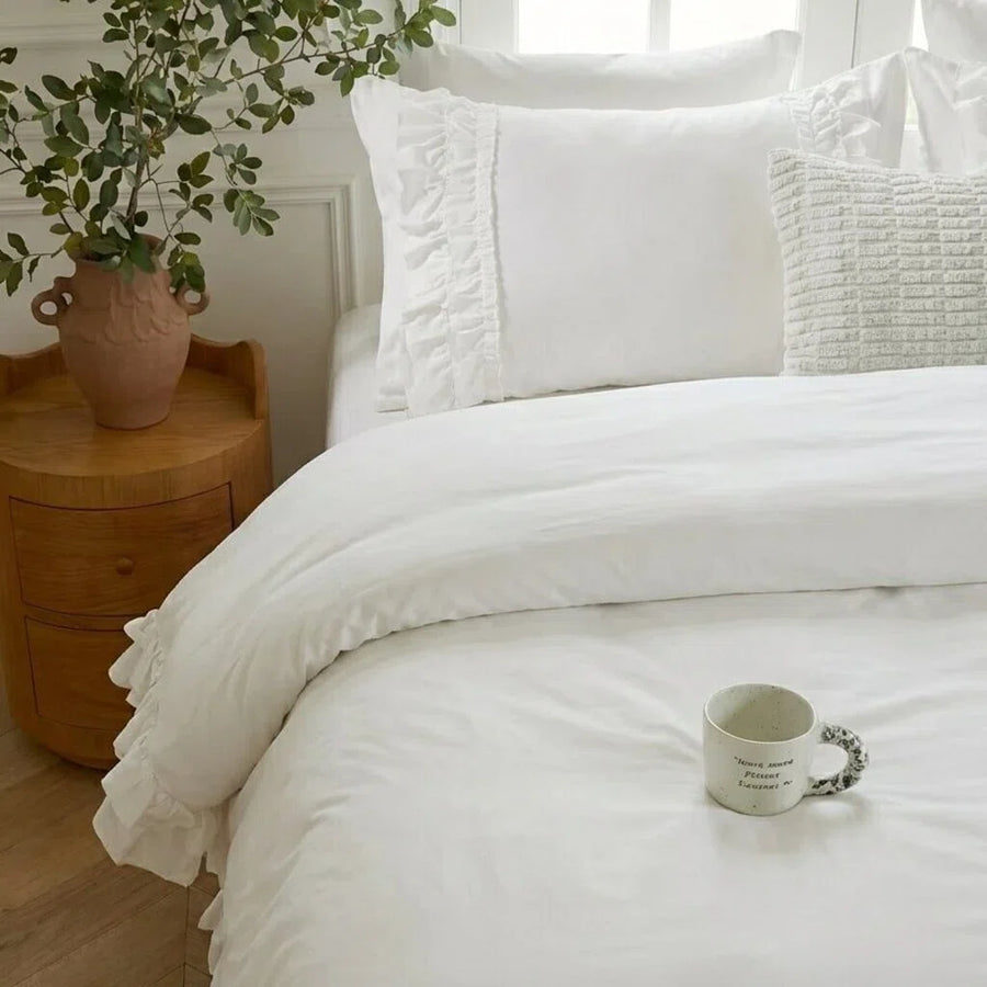 french country style white frill duvet cover romantic farmhouse bedroom